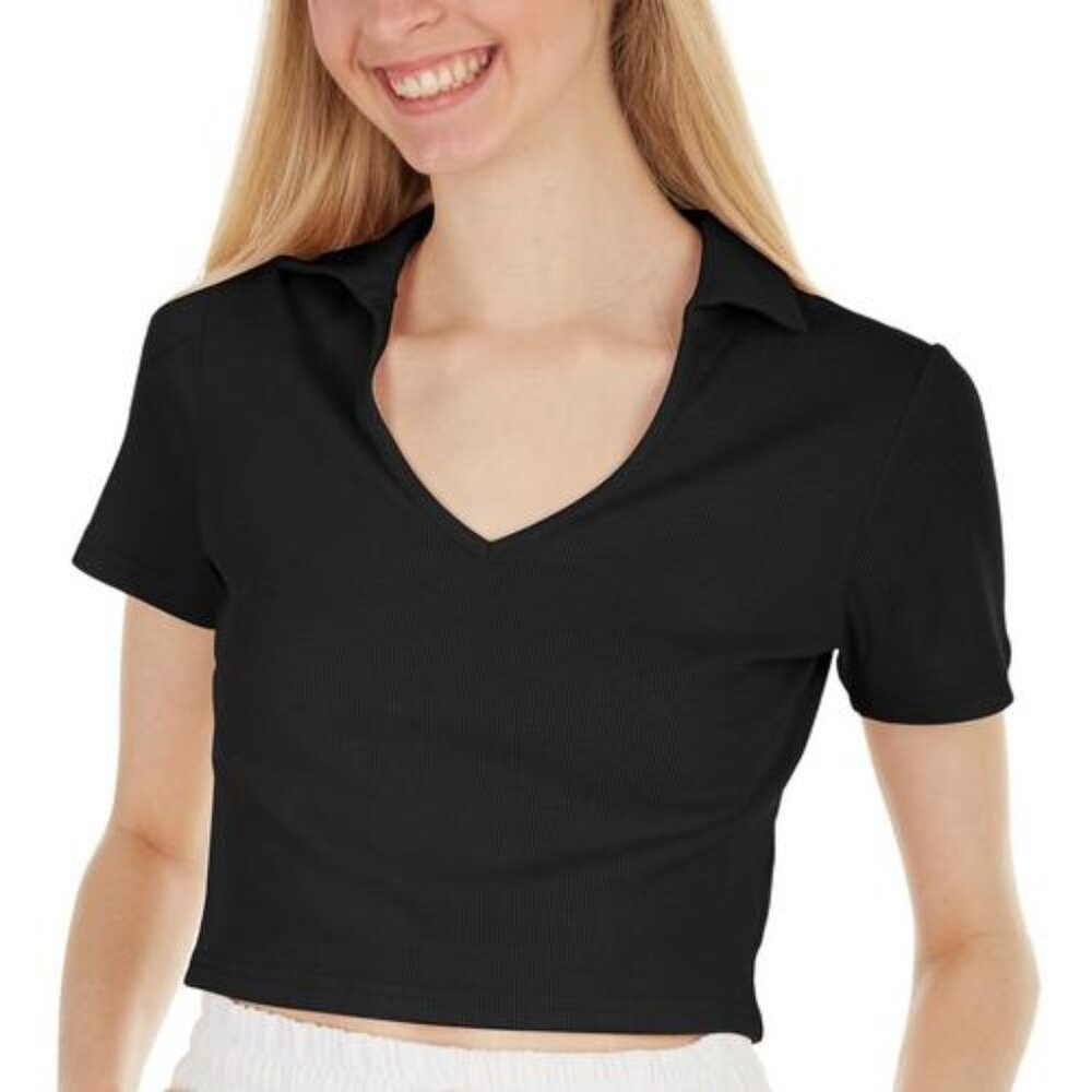 422 Poof Juniors Solid Ribbed V Neck Short Sleeve Top Size: Medium Color: BLACK